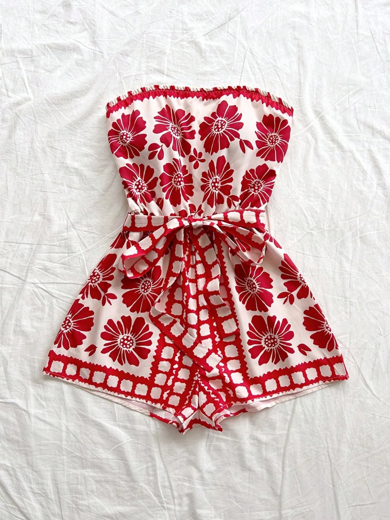 Printed Tube Tie Waist Romper - Fashorio