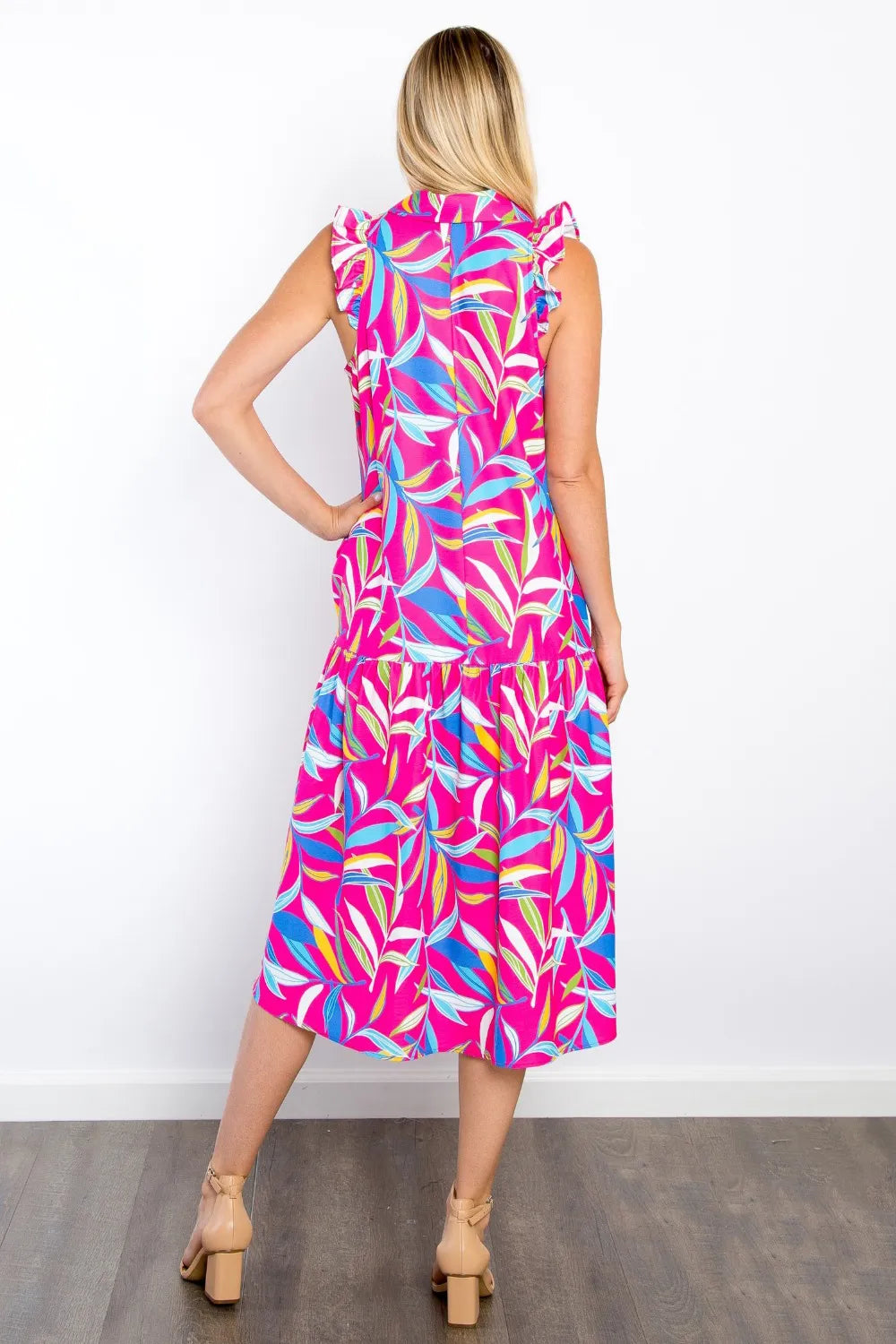 Print Ruffled Midi Dress with Pockets back view