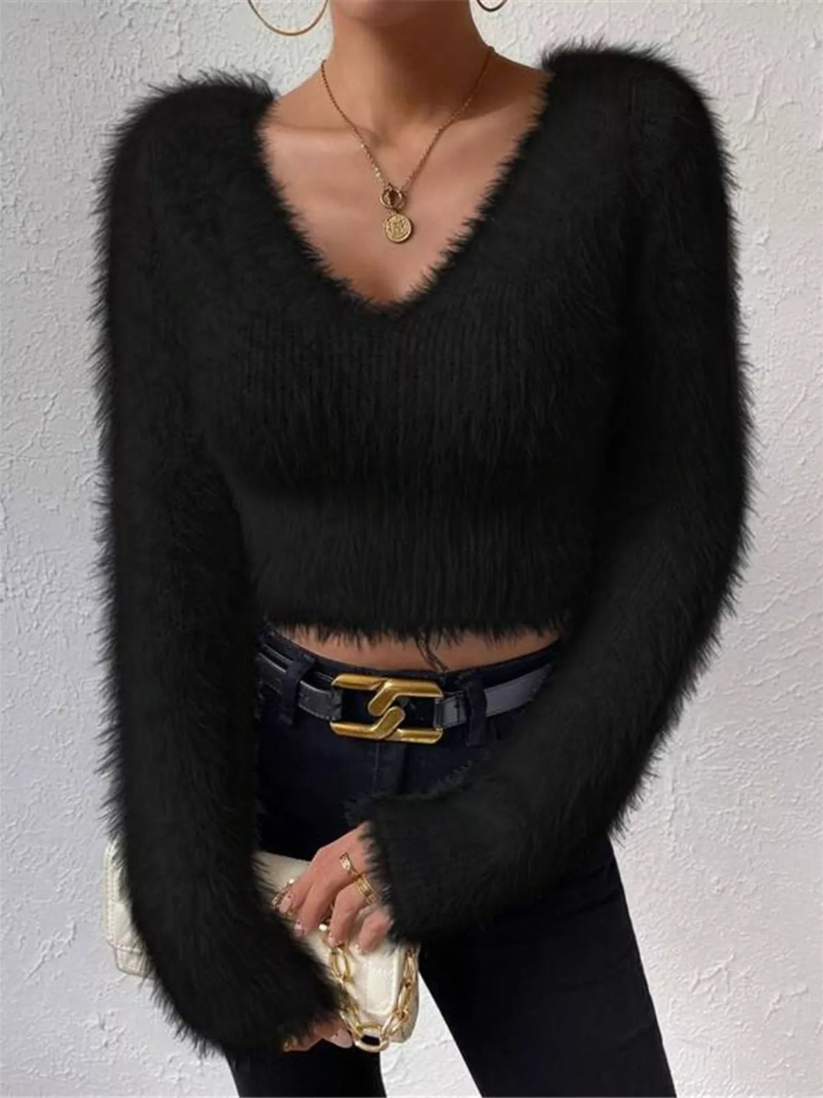 Fluffy knit sweater neutral color view