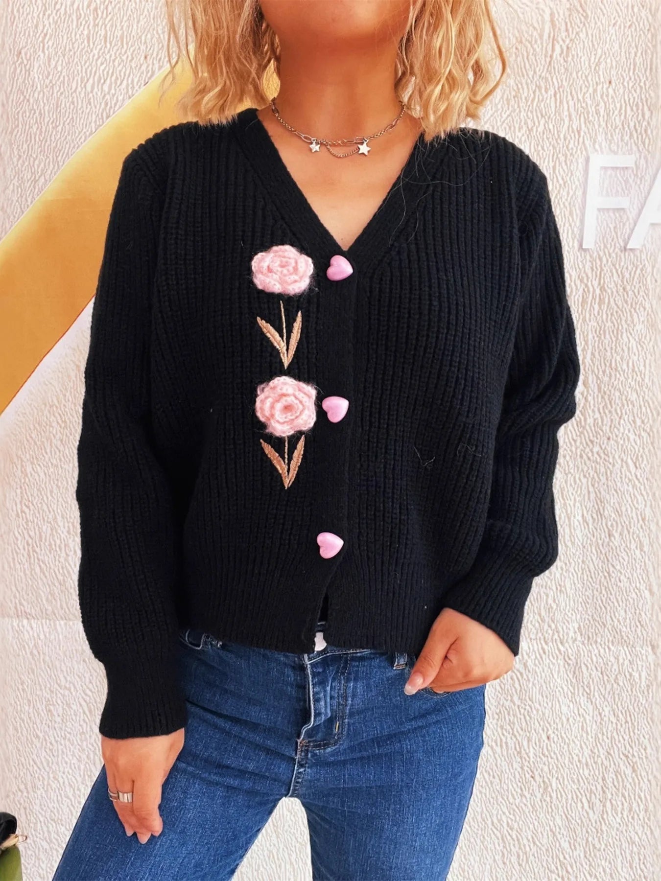 Flower V-Neck Button Up Cardigan - Fashorio