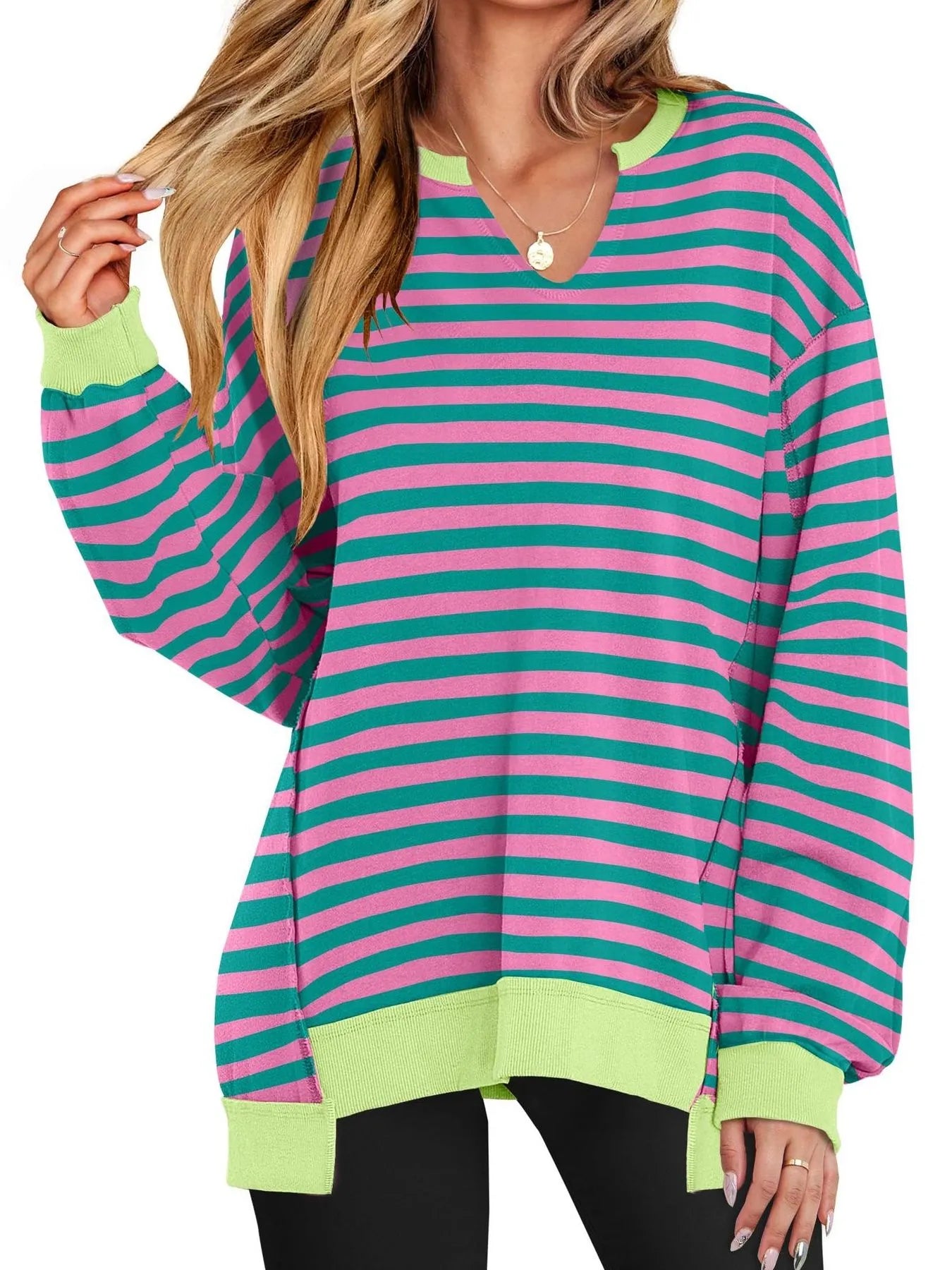 Notched Long Sleeve Oversized Sweatshirt Rose Stripes - Fashorio