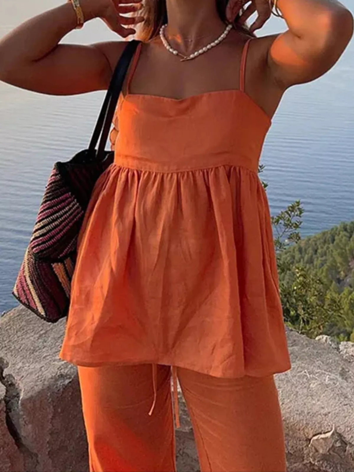 Coordinated square neck cami and wide leg pants outfit