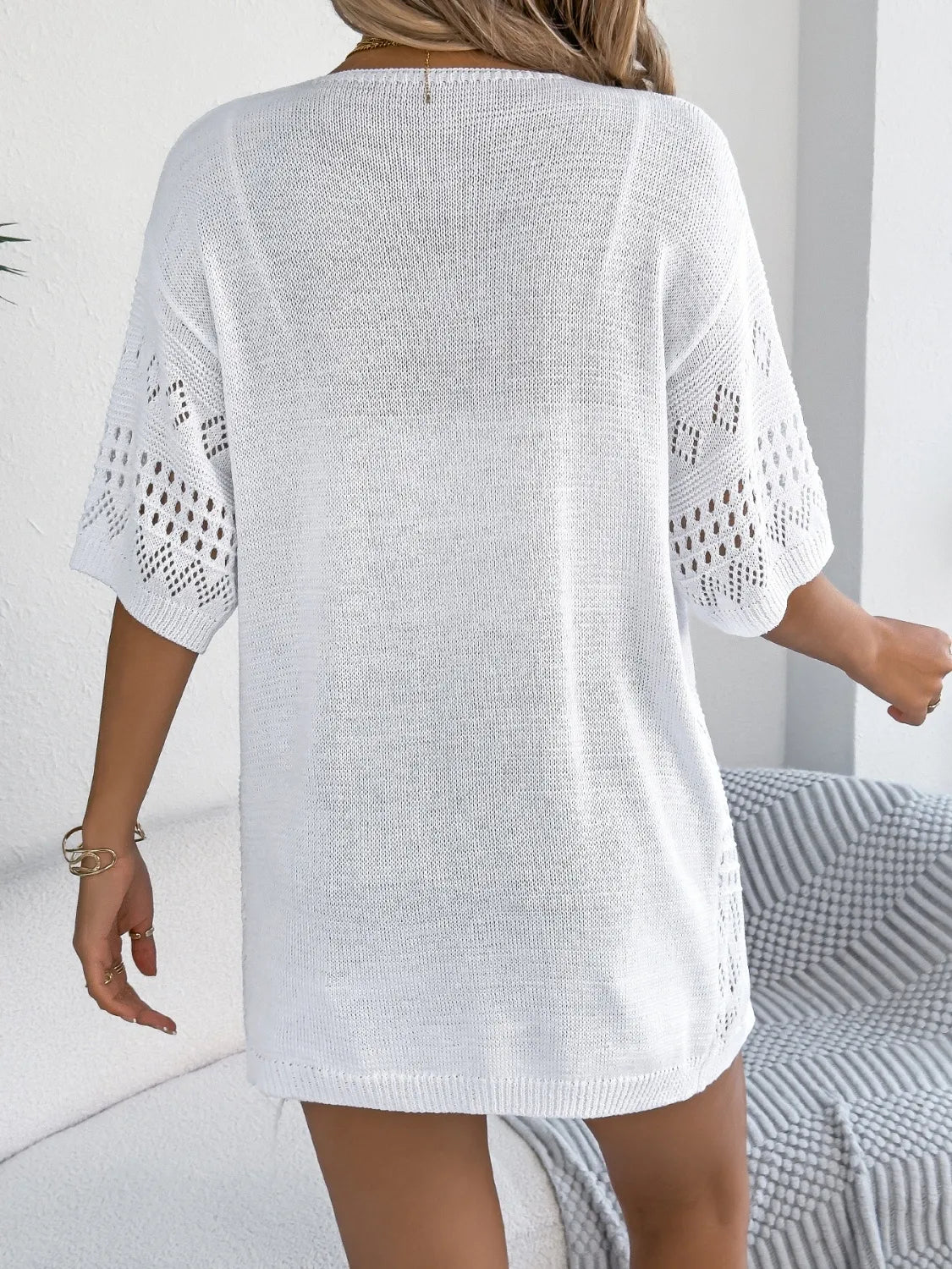 Openwork Open Front Half Sleeve Cardigan - Fashorio
