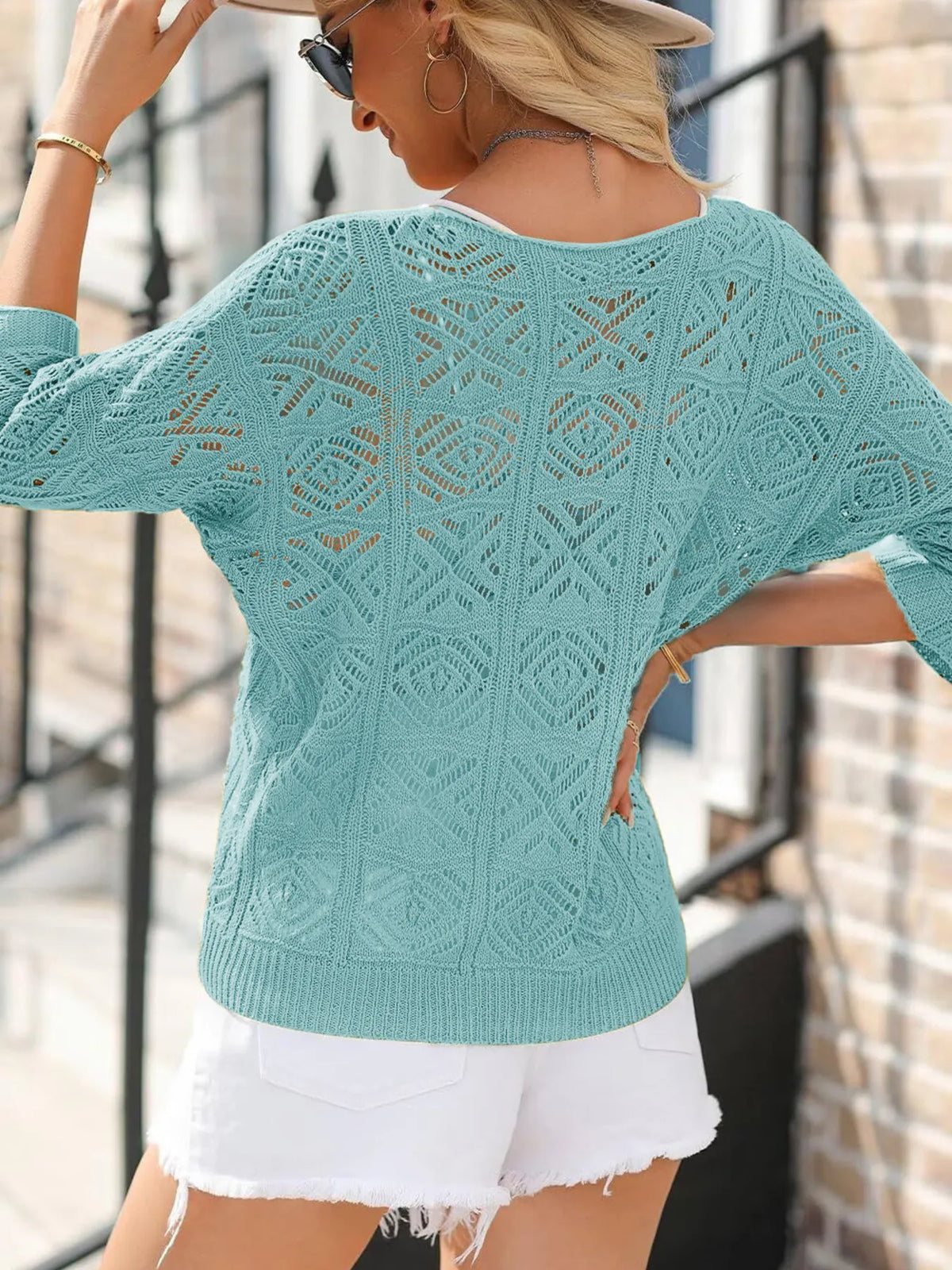 openwork 3/4 sleeve knit cover up knit texture detail