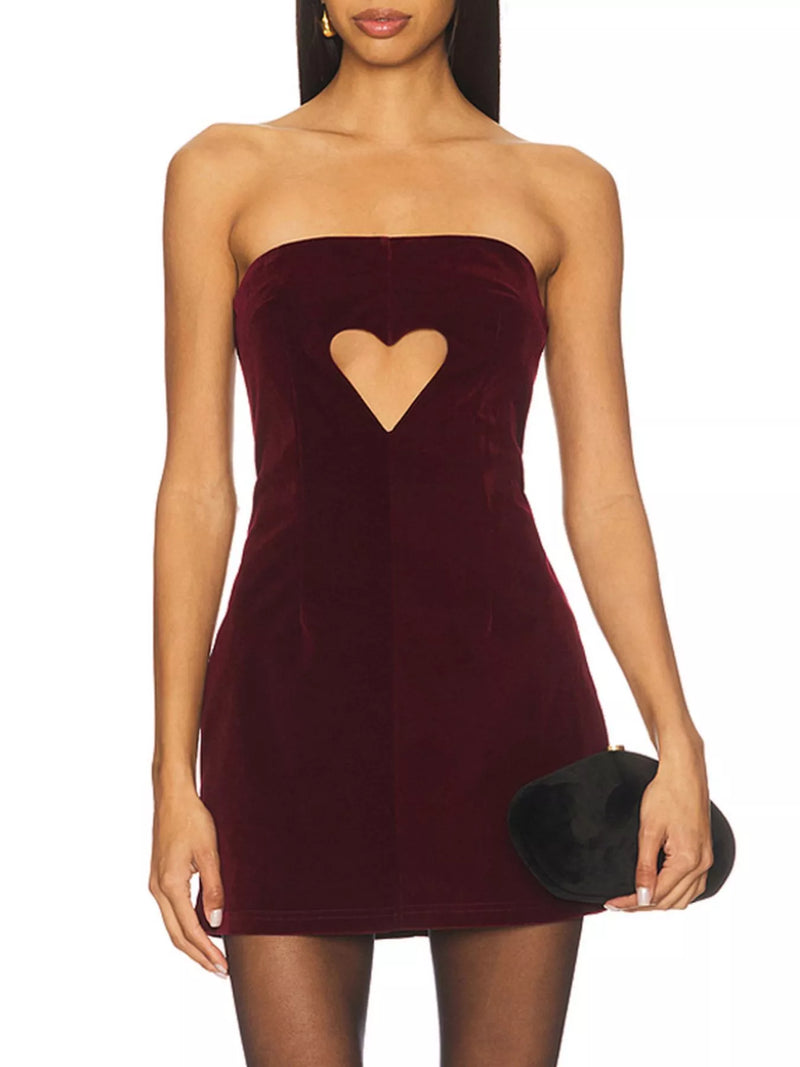 Heart cutout velvet mini dress wine red front view