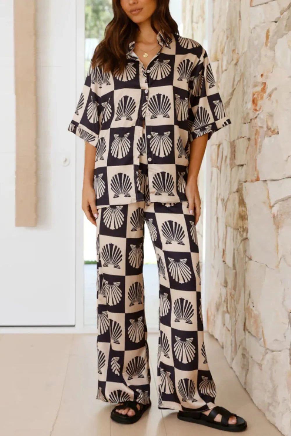 Printed Collared Top and Wide Leg Pants Set, view 10