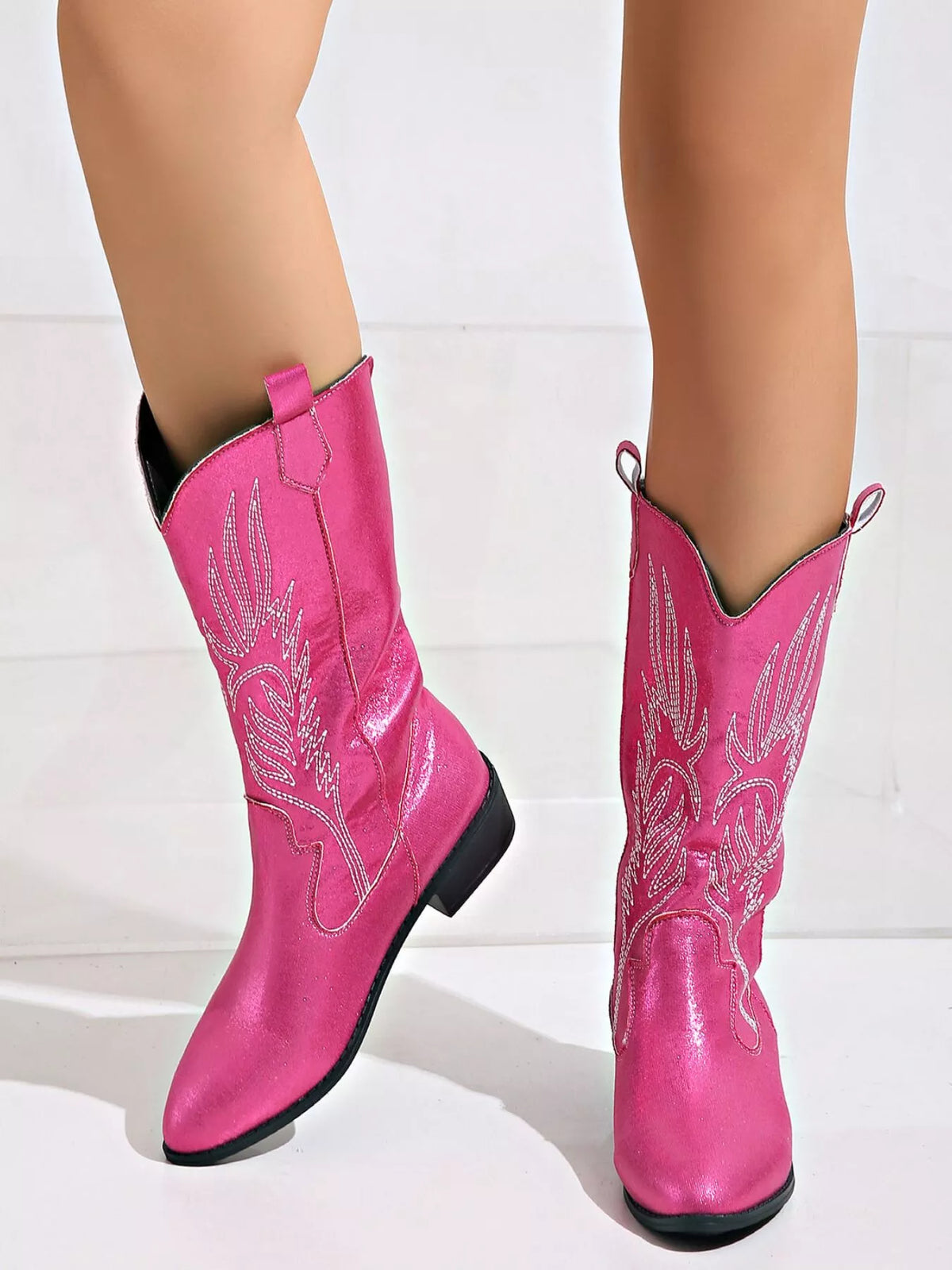 embroidered block heel boots back view