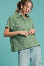 Umgee Patch Lace Short Sleeve Button Down Shirt Sage - Fashorio
