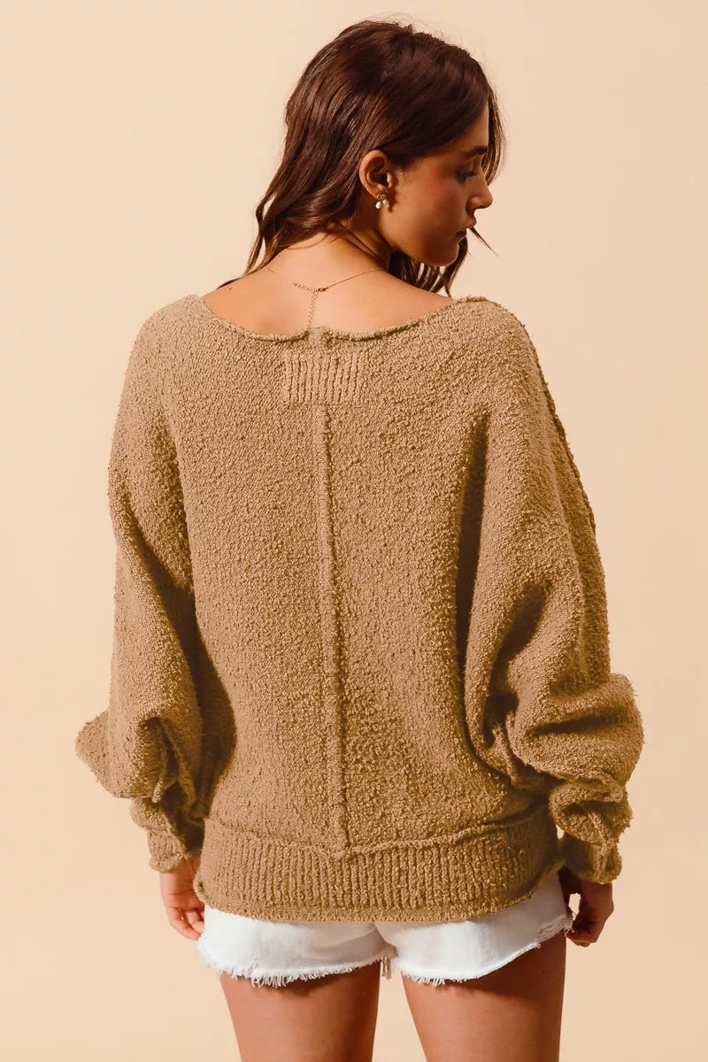 Slouchy Boucle Exposed Seam Sweater in Taupe view 11