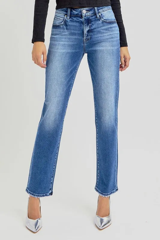 RISEN dark wash ankle tapered jeans front view