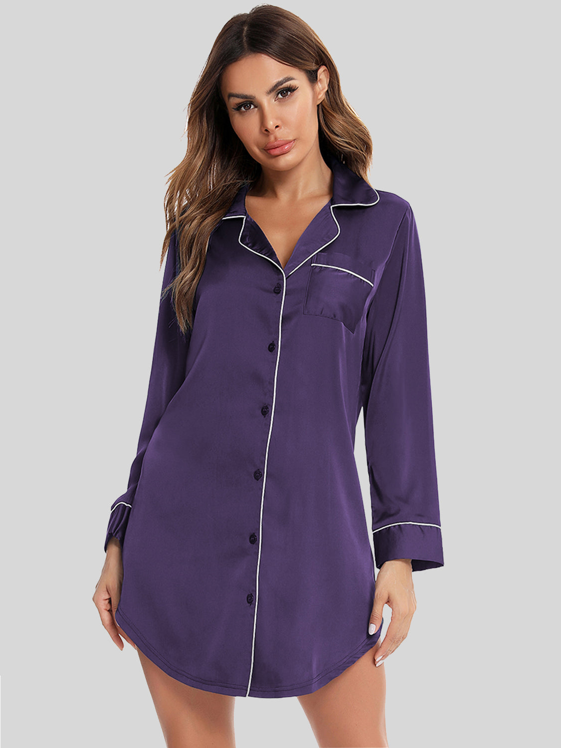 Button Up Lapel Collar Night Dress with Pocket Violet - Fashorio