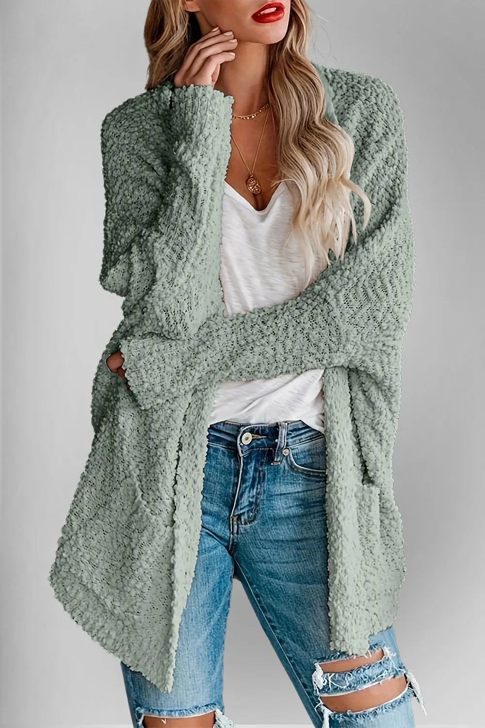 Double Take Pocketed Open Front Long Sleeve Cardigan Gum Leaf - Fashorio