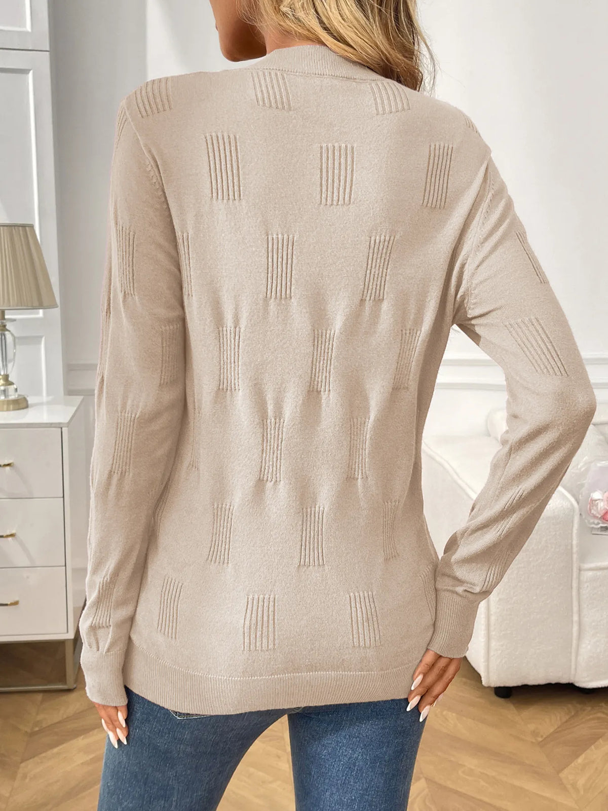 Round neck long sleeve ribbed knit top side view