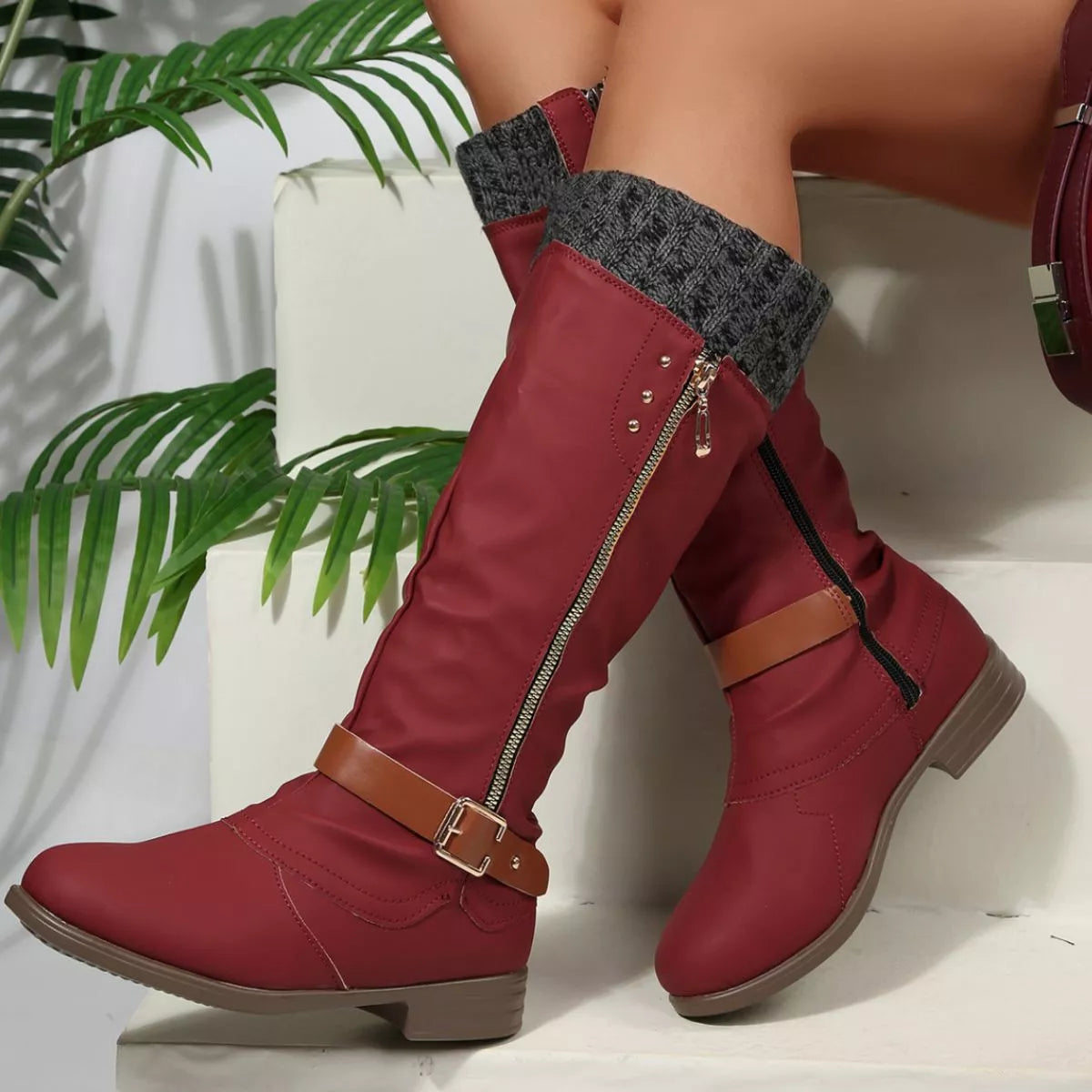 Brown round toe block heels boots side profile view