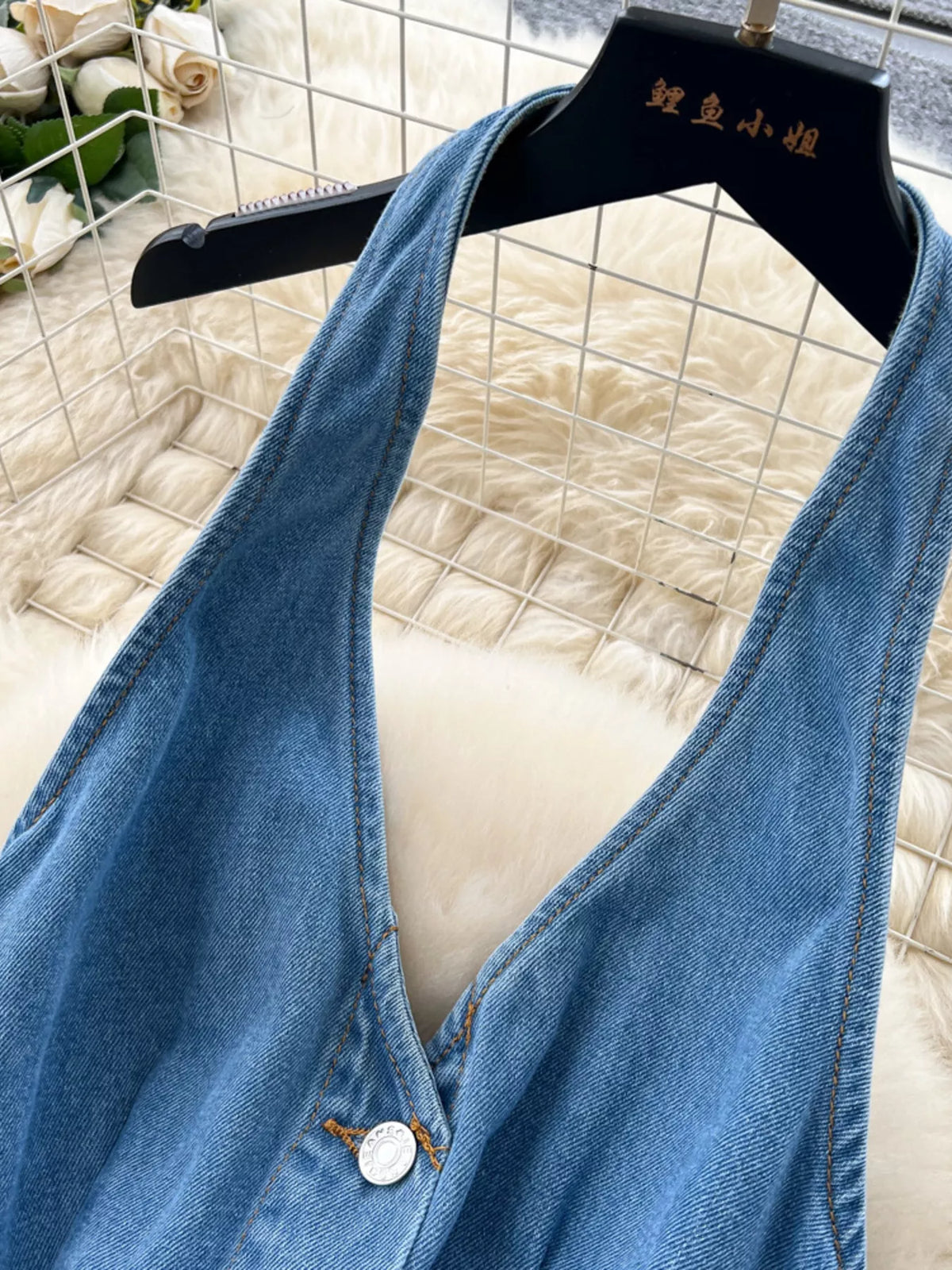 Blue halter neck button down denim dress full length look