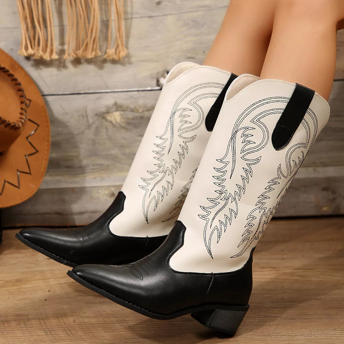 White block heel boots heel detail