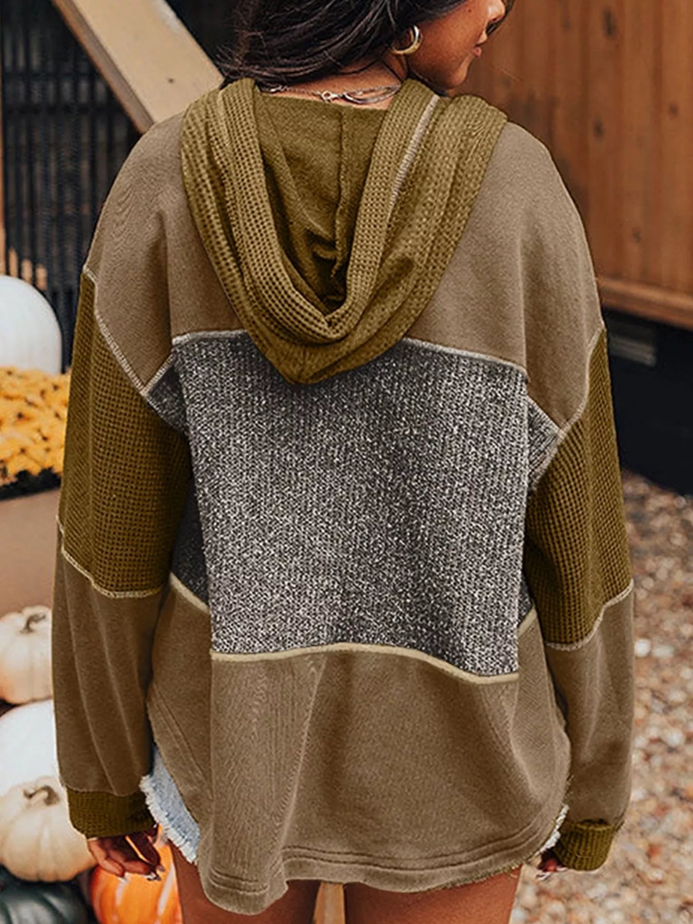 Mixed Texture Patchwork Exposed Seam Half Button Hoodie - Fashorio
