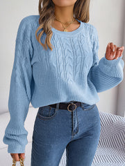 Cable-Knit Round Neck Drop Shoulder Sweater Misty Blue - Fashorio