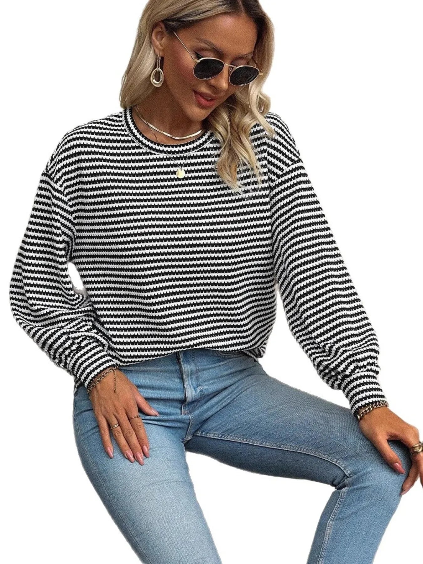 Striped Round Neck Lantern Sleeve Top - Fashorio