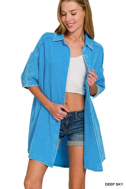 Washed Double Gauze Button Down Shirt Dress in Sky Blue side view