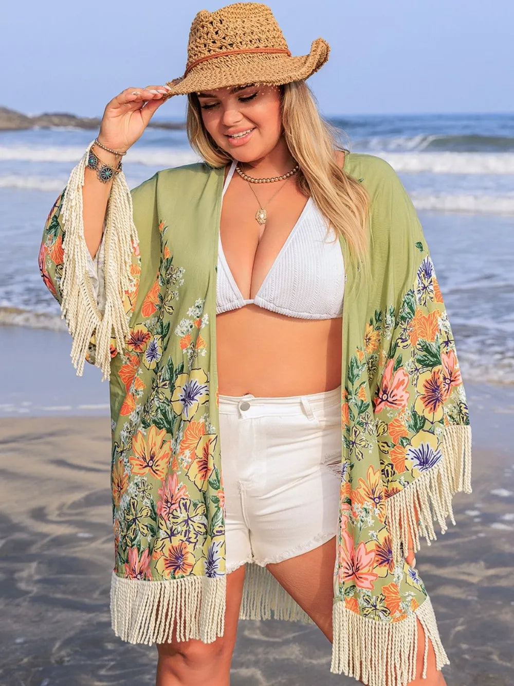 Plus size fringe open front cover up front view