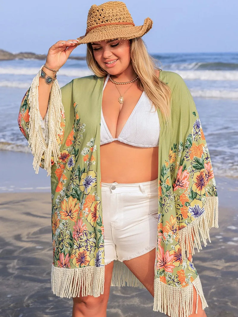 Plus size fringe open front cover up front view
