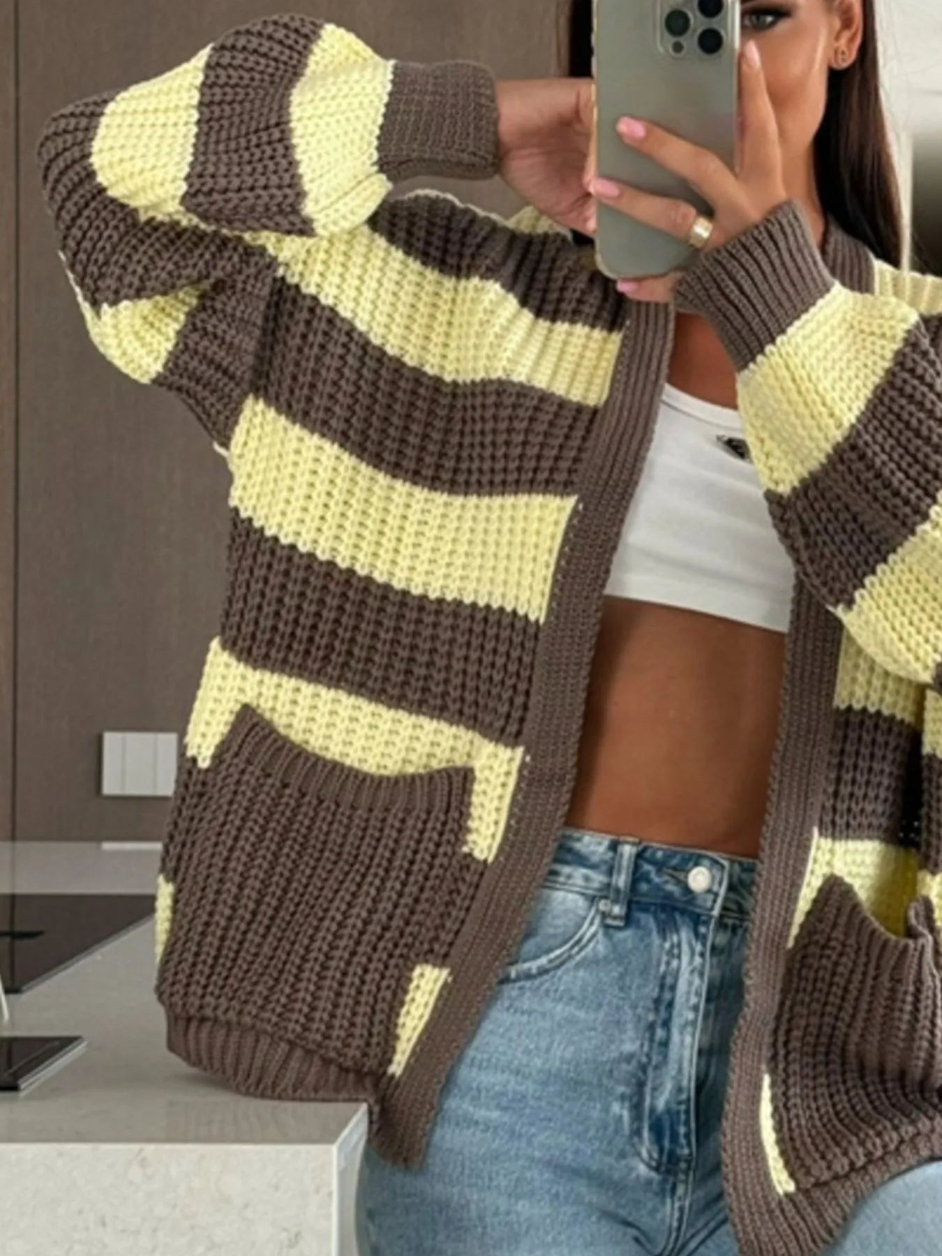 Striped Open Front Long Sleeve Cardigan - Fashorio