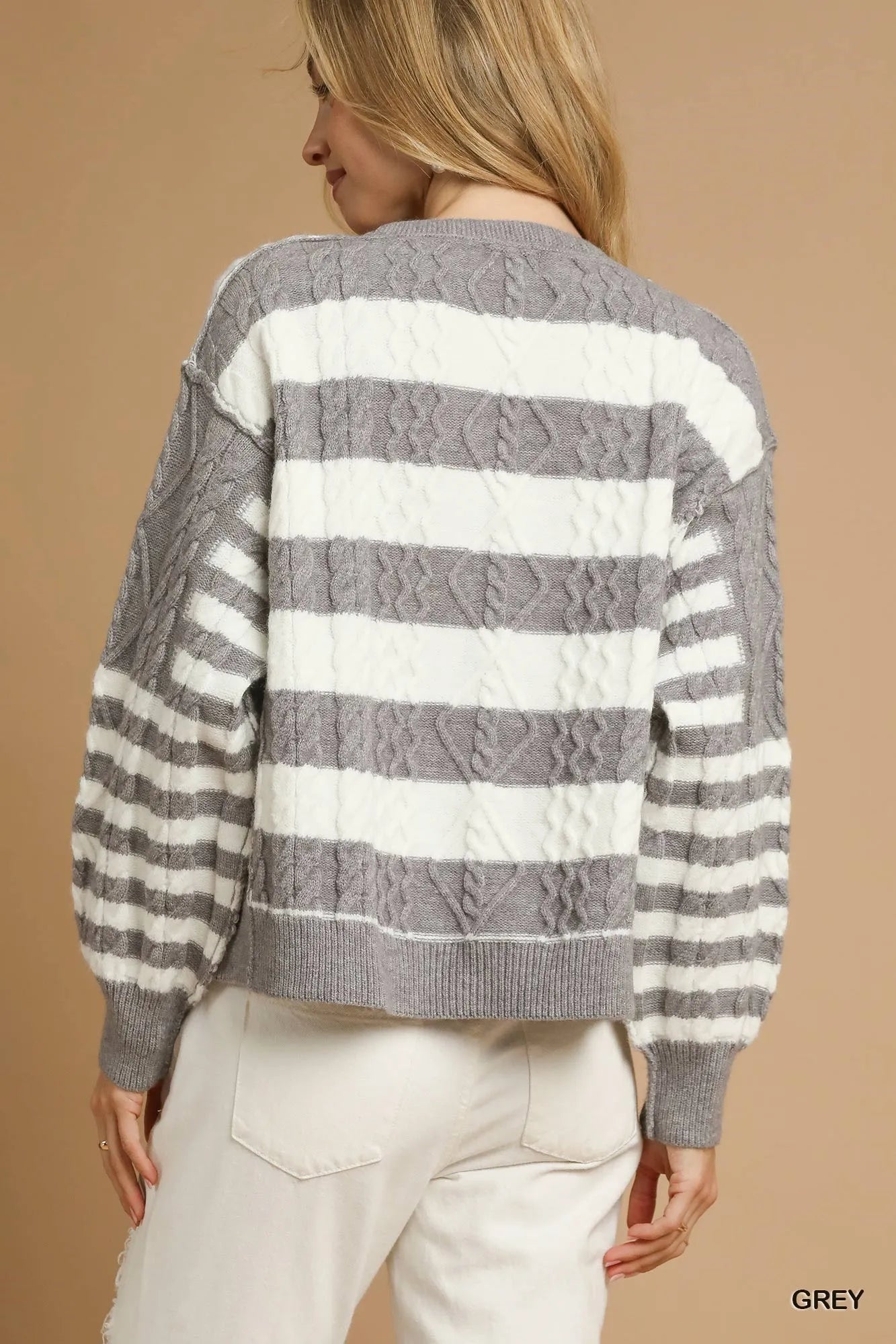 Umgee Cable-Knit Stripe Button-Up Cardigan - Fashorio