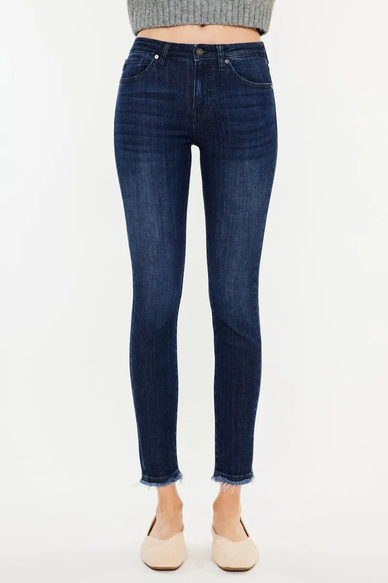 Kancan High-Rise Slim Fit Raw Hem Ankle Jeans DARK - Fashorio