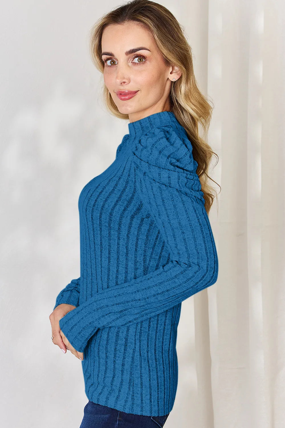 Ribbed mock neck top full outfit view