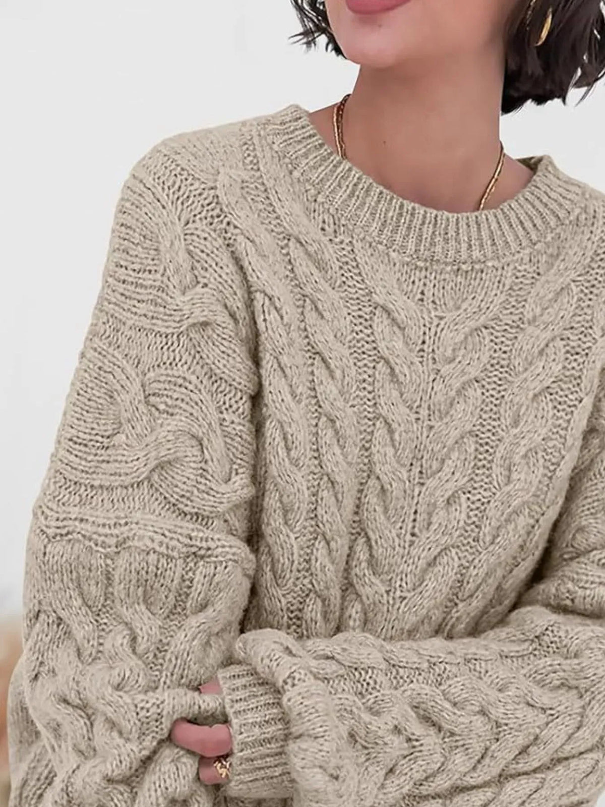 cable knit long sleeve sweater back view