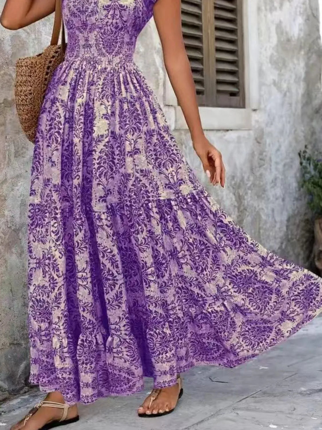 Vintage floral cap sleeve maxi dress full length view