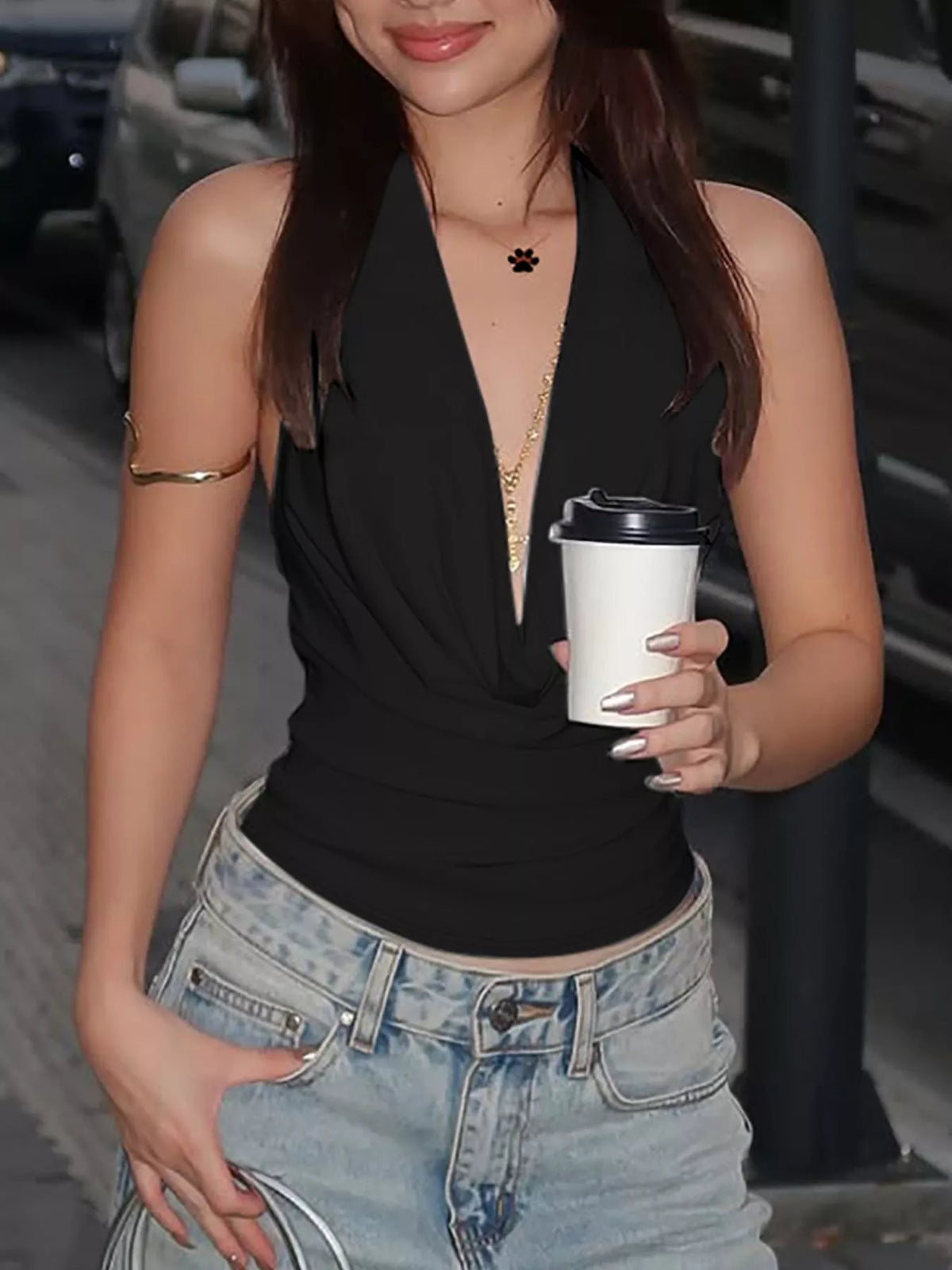 Halter neck ruched cami shown on a model