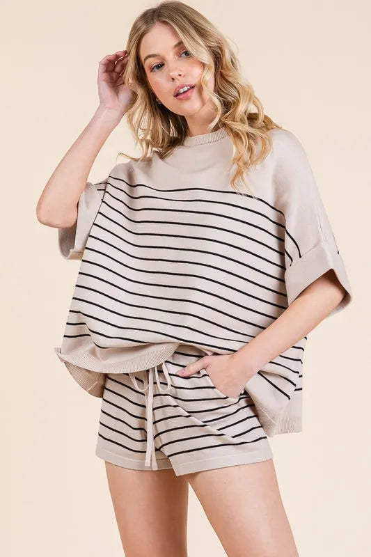 Lime 'N' Chili Striped Folded Half Sleeve Top and Shorts Set - Fashorio