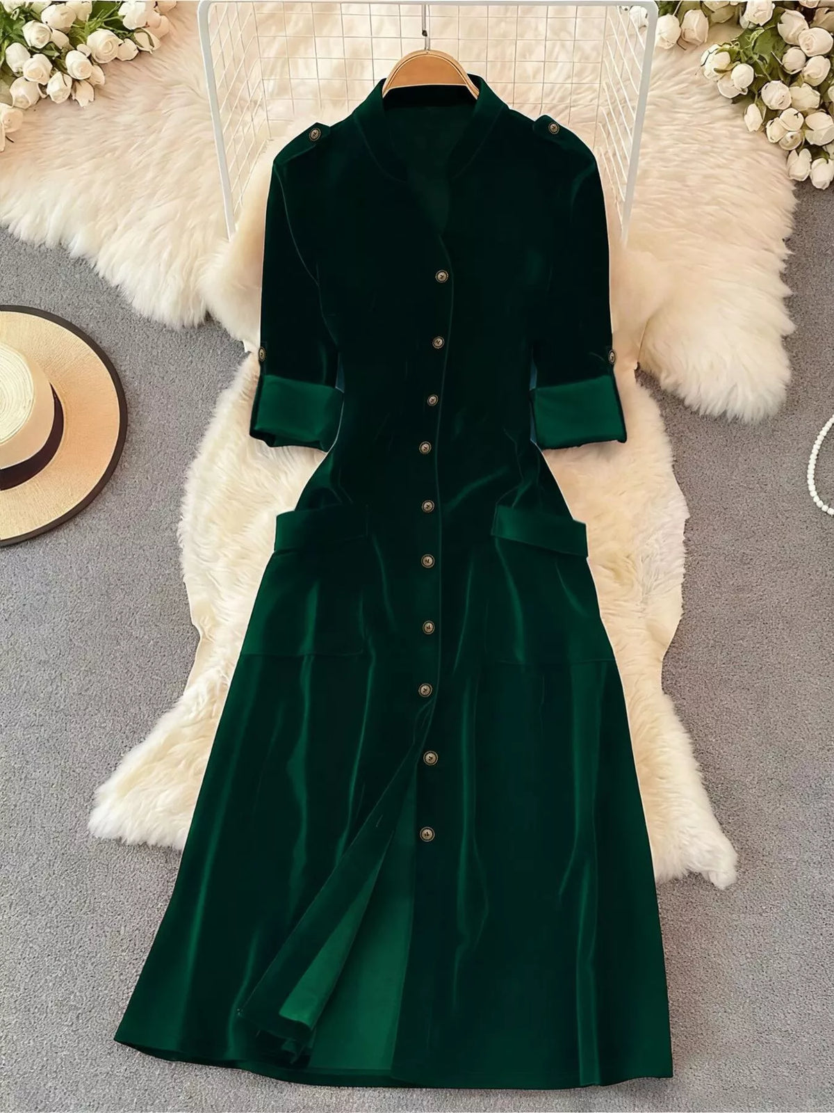velvet button front midi dress back detail