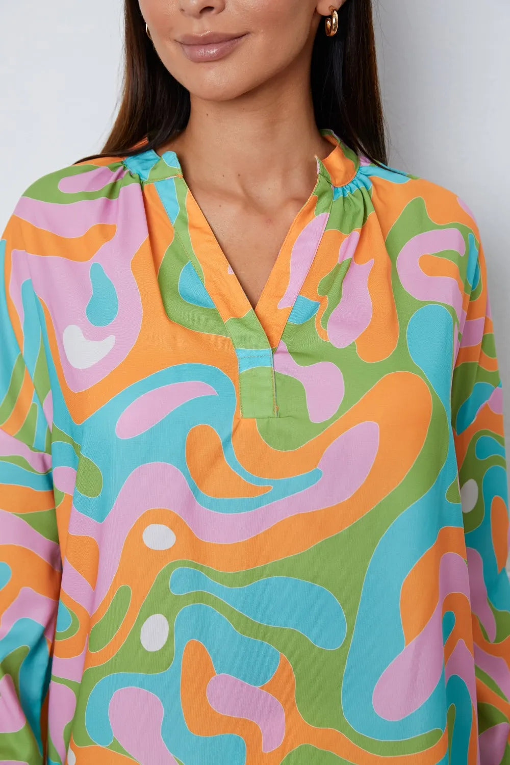 Printed Notched Long Sleeve Blouse - Fashorio