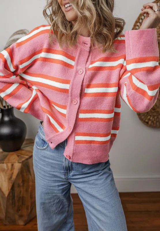 Striped Button Down Long Sleeve Cardigan - Fashorio
