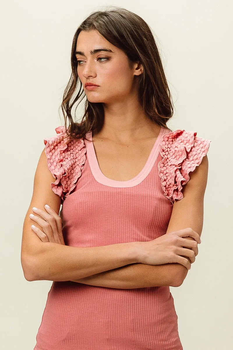 BiBi Rib Knit With Textured Ruffled Top - Fashorio