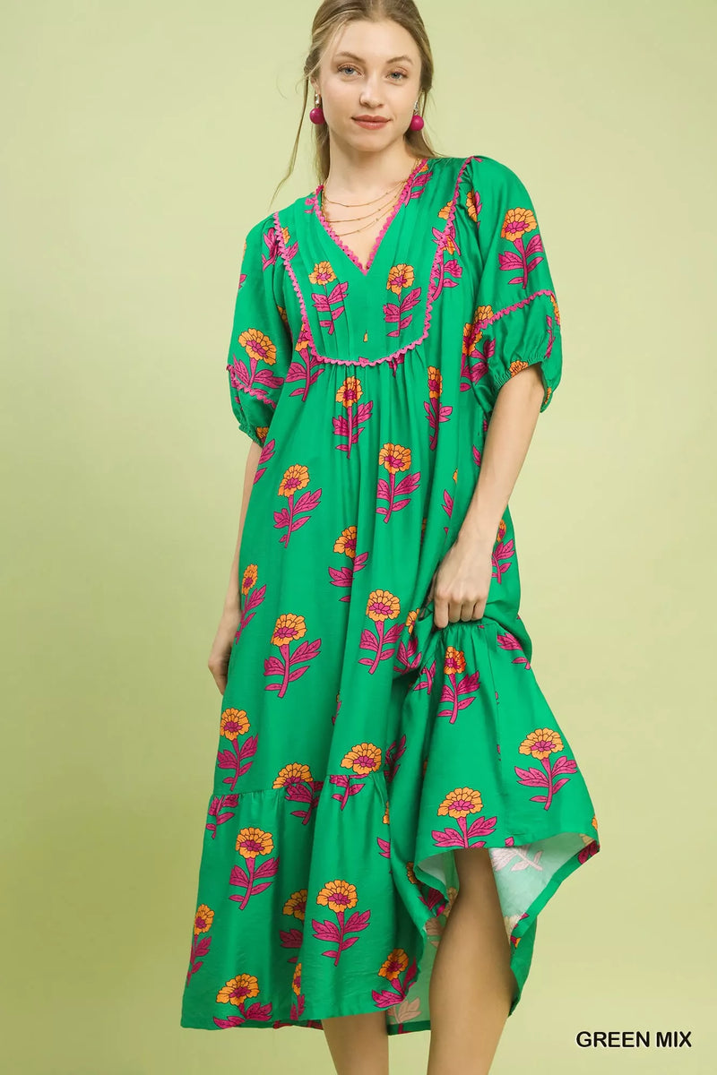 Umgee green mix floral print midi dress front view