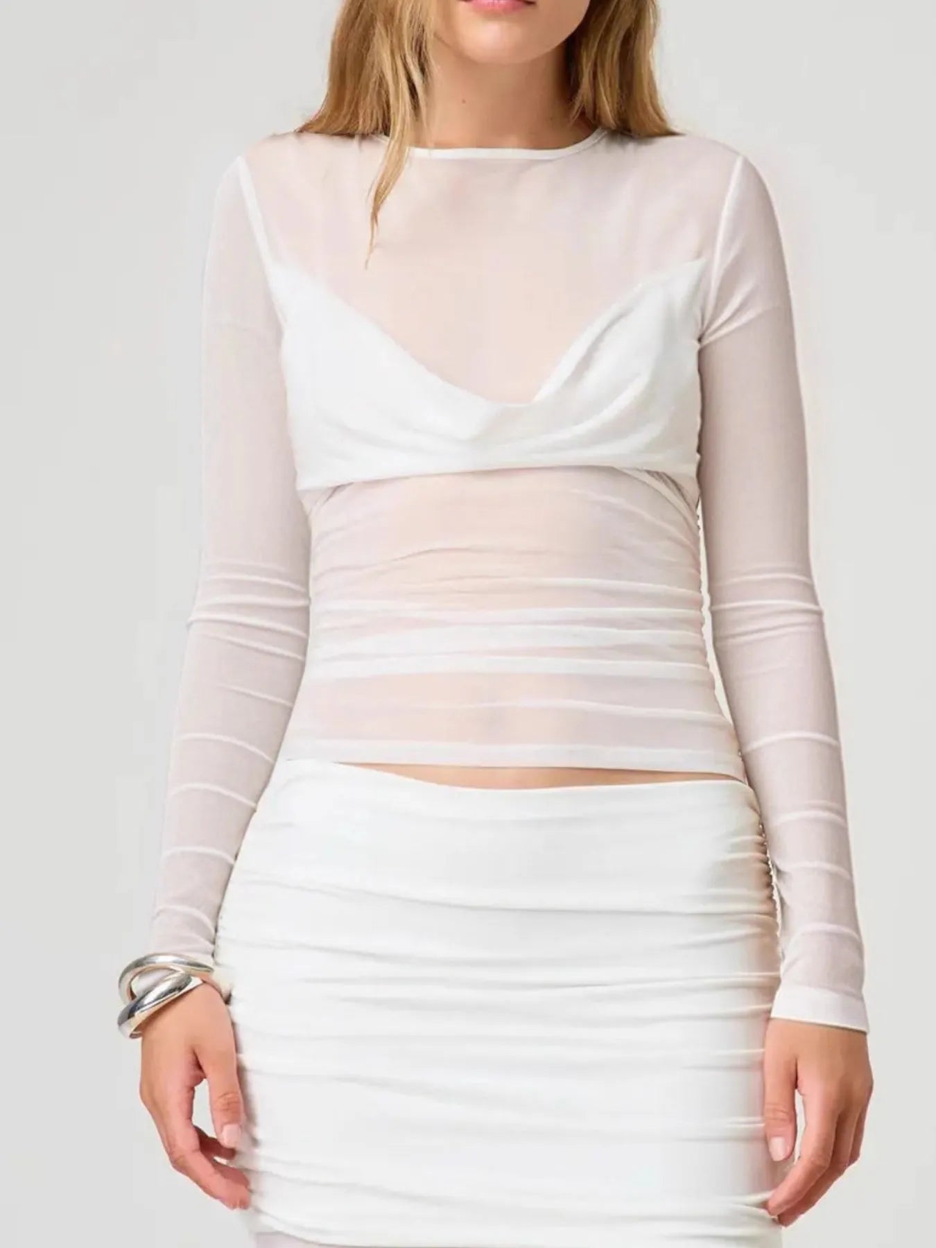 Ruched Mesh Long Sleeve Top White - Fashorio