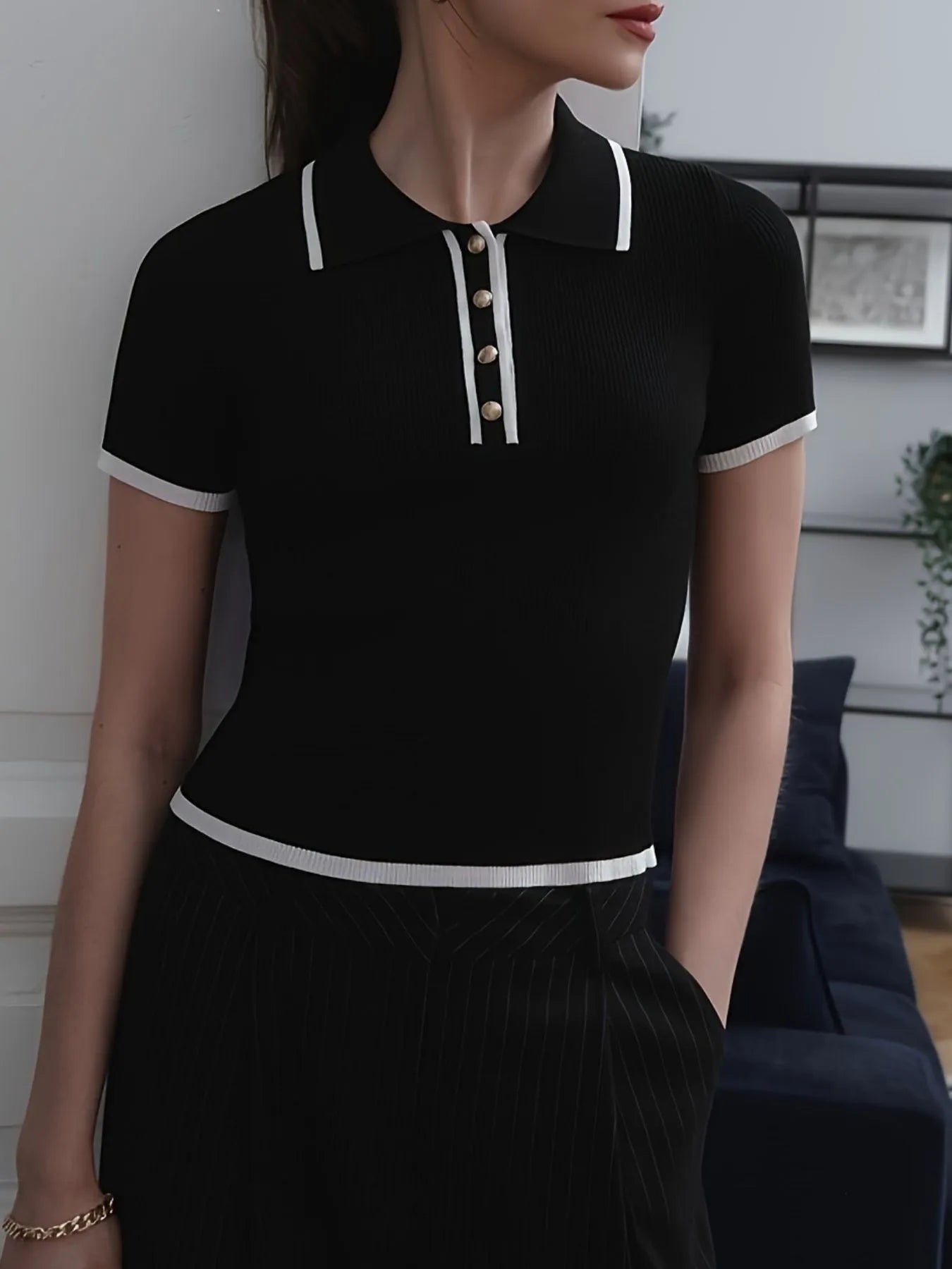 Contrast Trim Button Detail Polo Black - Fashorio