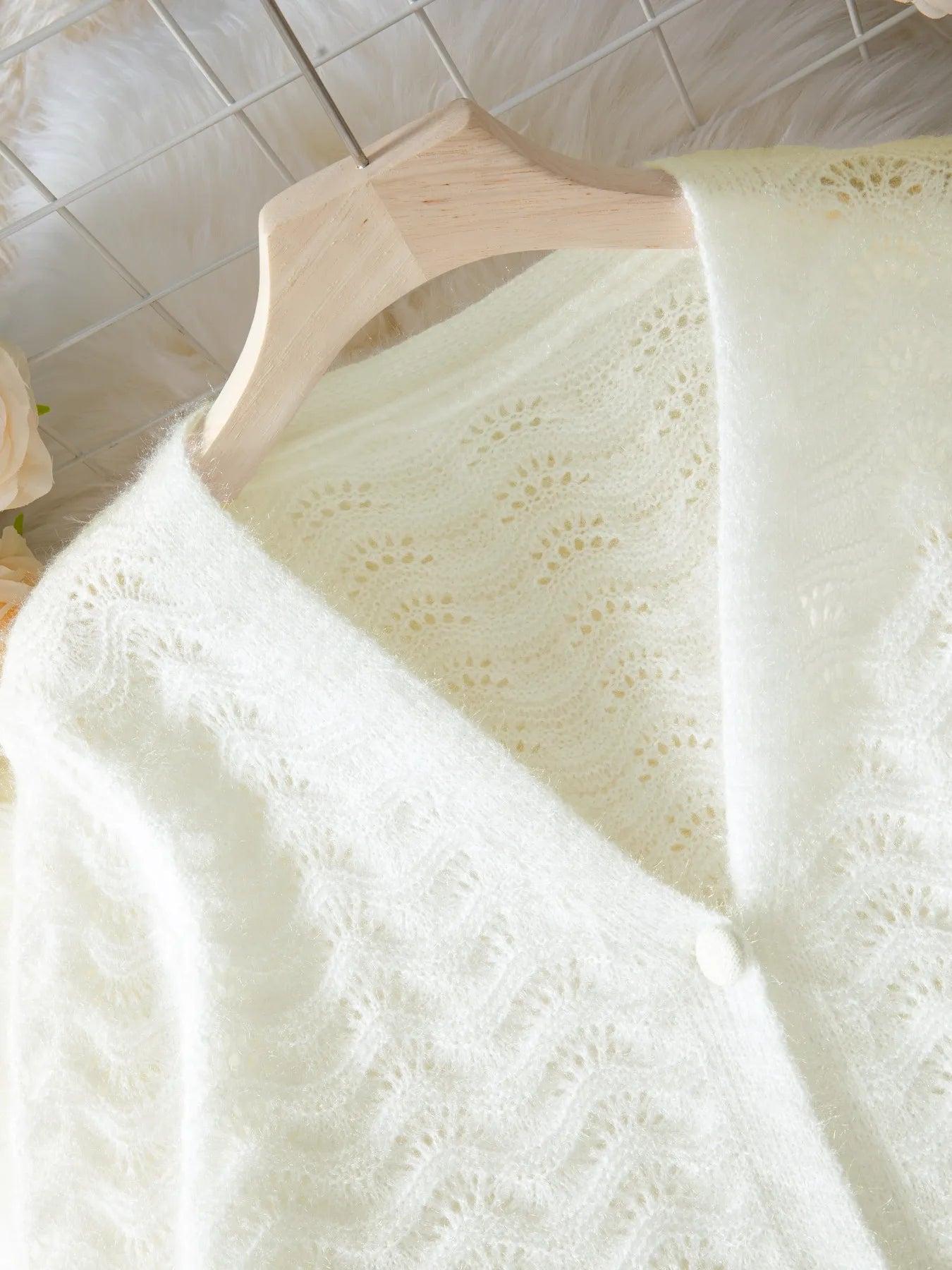 Openwork V-Neck Button Down Cardigan - Fashorio