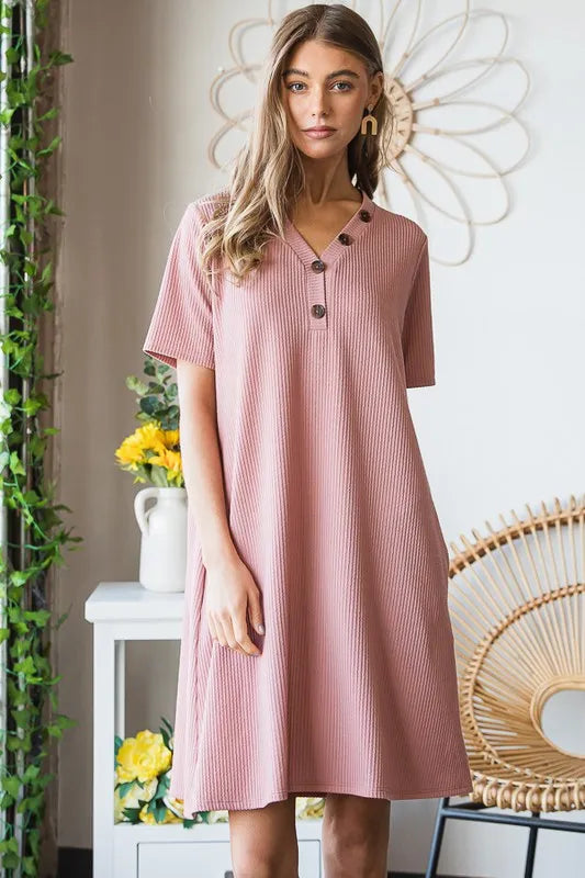 Solid Ribbed Mini Dress with Button side view