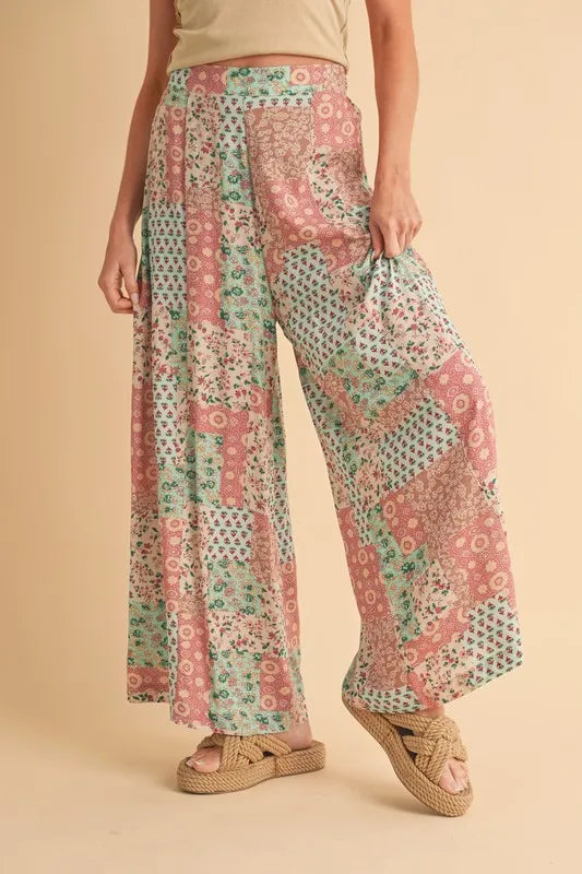 Mint and pink printed wide leg pants front view