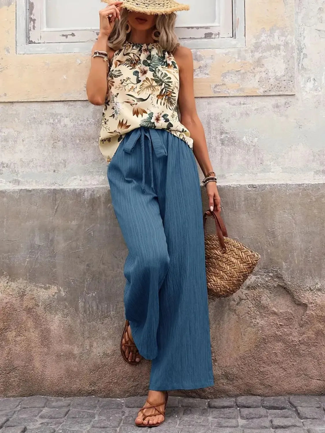 Printed Tank Top and Wide Leg Pants Set - Fashorio