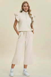 Double Take Full Size Texture Ruffle Short Sleeve Top and Wide Leg Pants Set - Fashorio