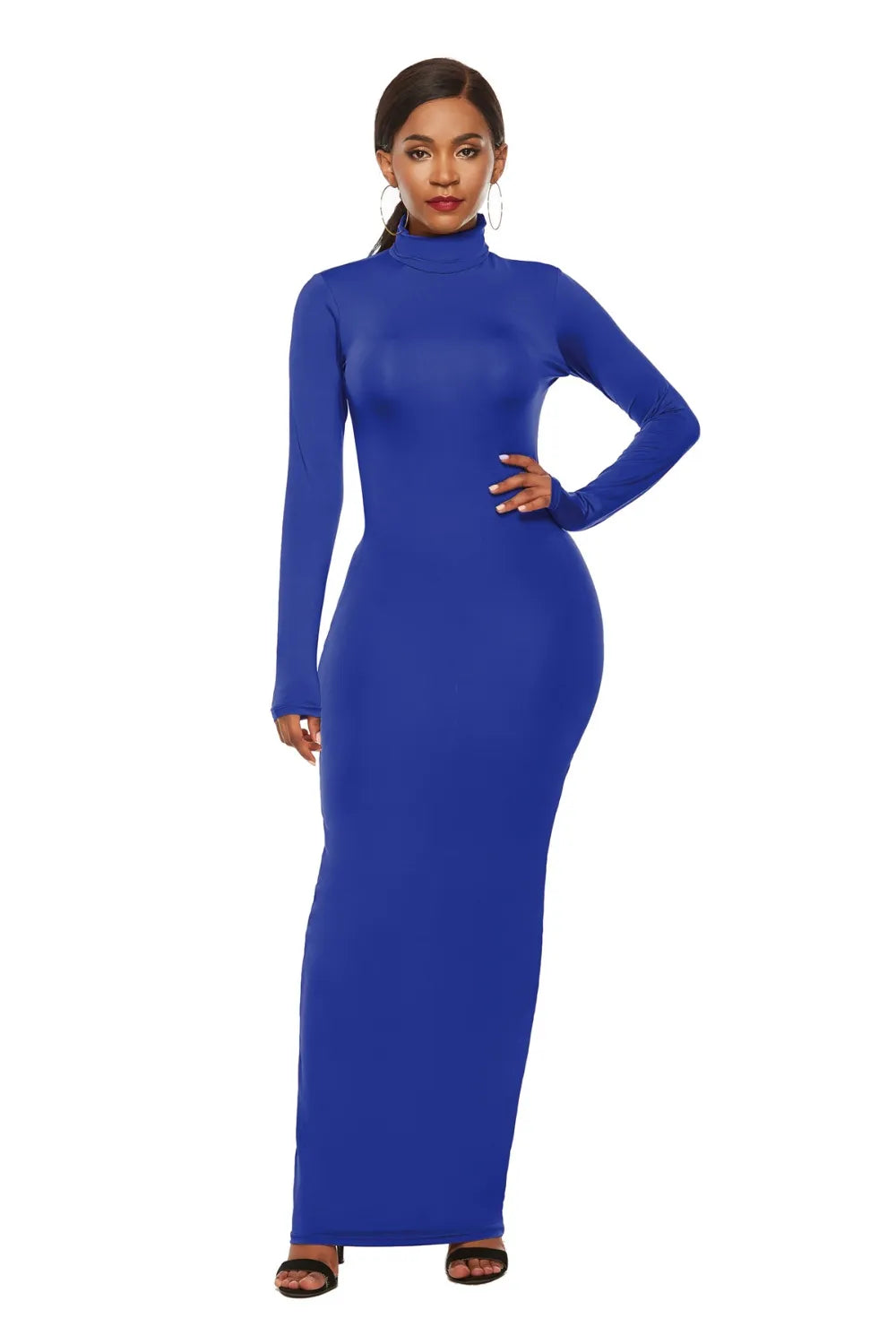 Long sleeve mock neck maxi dress detail