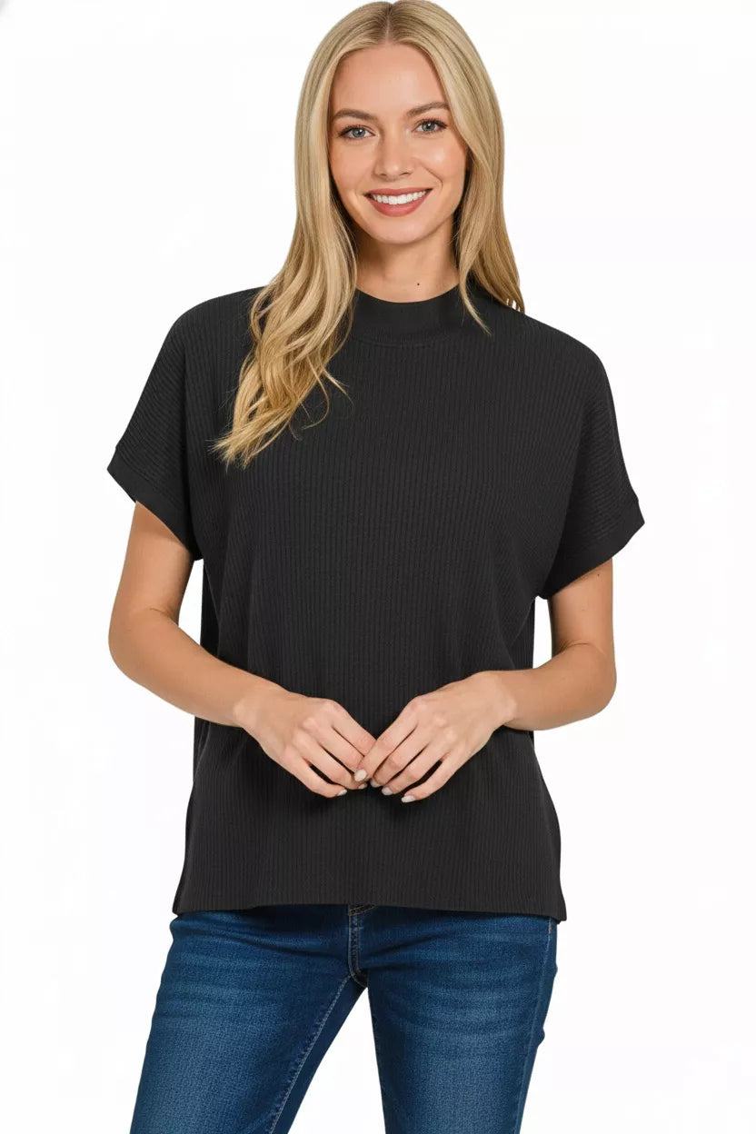 Black short sleeve boxy sweater with mock neck detail
