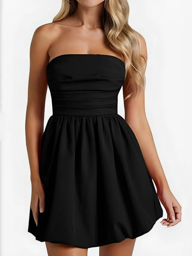 Ruched tube mini dress front view in black