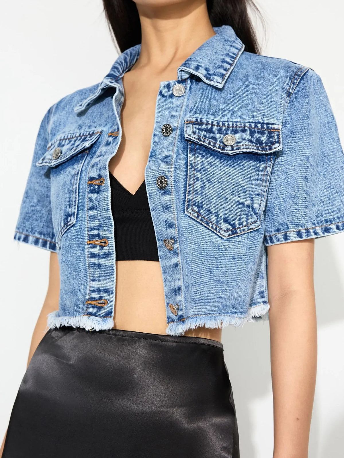 Cropped Short Sleeve Denim Jacket in Blue